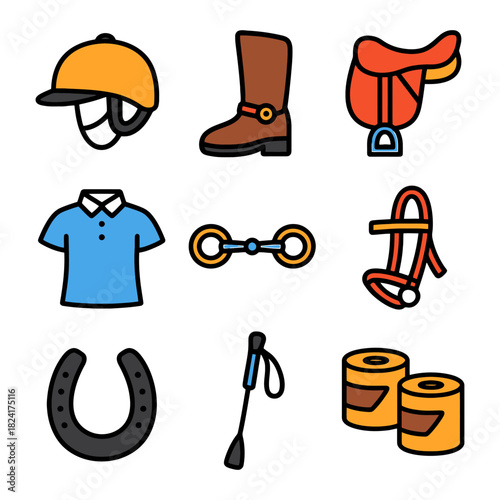 Colorful equestrian equipment icons: helmet, boot, saddle, shirt, bit, bridle, horseshoe, crop, bandages.