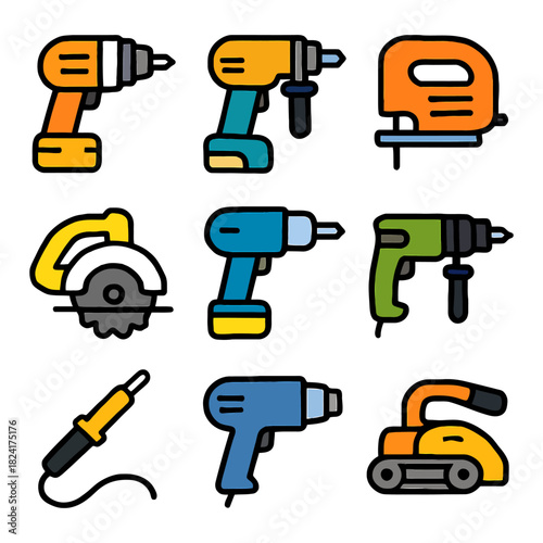 Colorful hand power tools collection - drill, jigsaw, circular saw, sander icons.