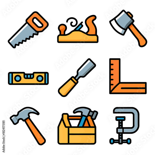 Set of colorful hand tools for woodworking and carpentry.