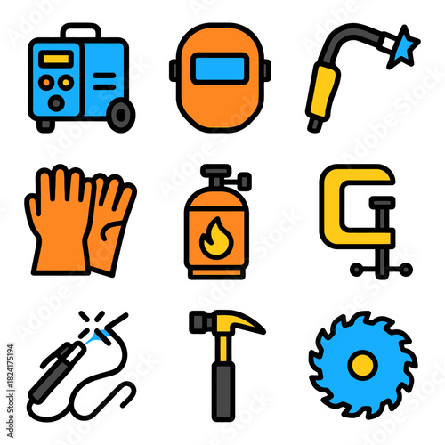 Colorful welding tools icons set with gloves and safety equipment.