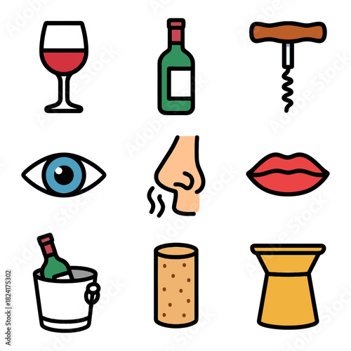 Wine tasting icons: wineglass, bottle, corkscrew, ice bucket, aroma, taste.
