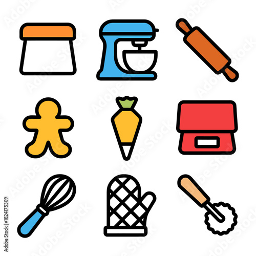 Colorful baking icons collection featuring tools and ingredients.