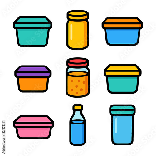 Colorful containers and bottles collection with lids on white background.