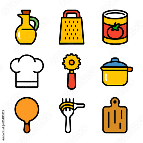 Colorful cooking icons: oil, grater, canned tomato, chef hat, pizza cutter, pot, pan, fork, cutting board.