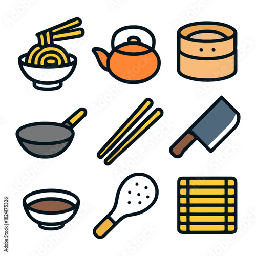 Asian cuisine icons set with noodles, teapot, chopsticks, cleaver, dim sum, wok, and bamboo steamer.