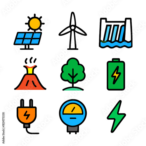 Nine colorful energy icons: solar, wind, hydroelectric, geothermal, tree, battery, plug, lightbulb, lightning.