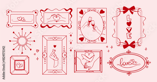 Hand drawn romantic frames and love icons set with hearts, hands, and champagne glasses in for greeting cards, wedding invitations, posters, packaging, stationery, stickers, and social media. Vector