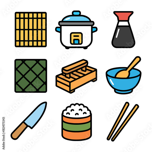 Japanese cuisine icons: rice cooker, soy sauce, sushi mat, knife, chopsticks, rice bowl.
