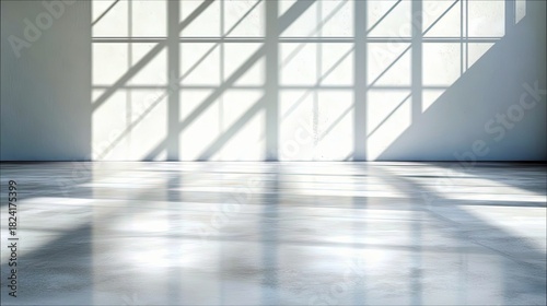 An empty, modern interior space with a polished concrete floor and a large window casting dramatic geometric shadows from sunlight. The scene is bright and airy