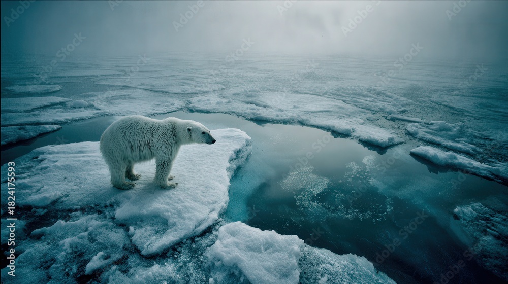 Fototapeta premium Polar bear standing on ice looking towards open water