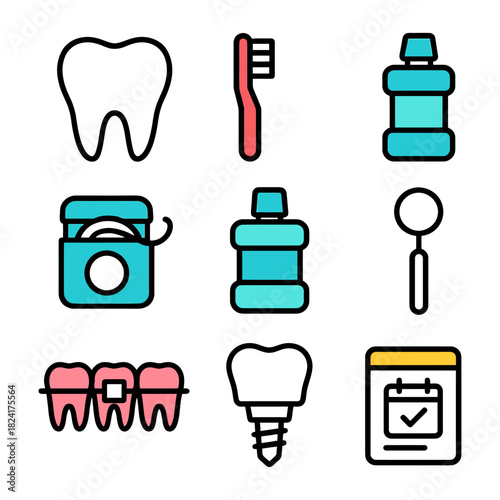 Dental care icons: toothbrush, floss, mouthwash, implant, tools illustrated.