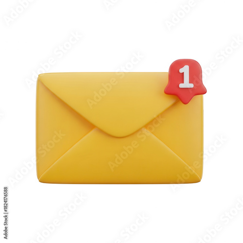 3d render of a yellow mail envelope with a red notification bell icon showing number one