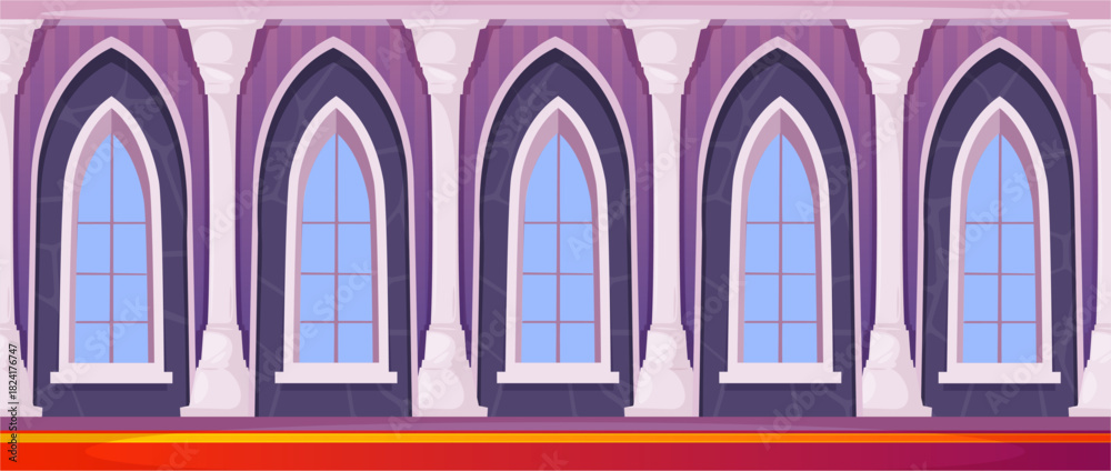 Obraz premium Cartoon castle corridor interior. Vector hall with arched windows and decorative columns. Indoor space with carpet. Fantasy projects and game design. Digital graphics of medieval architecture