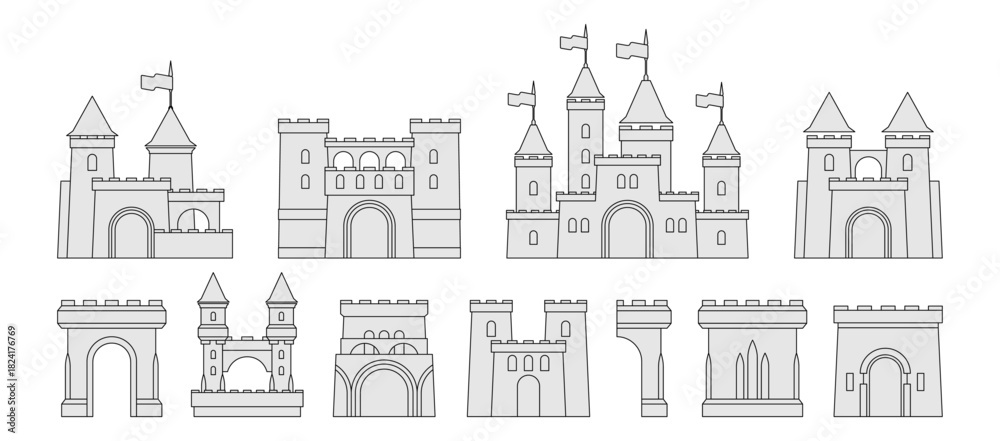 Obraz premium Castle icons set in monochrome line style. Vector collection of historical medieval architecture. Arched entrances and walls, bridges and adjacent buildings. Fortresses and turrets with flags