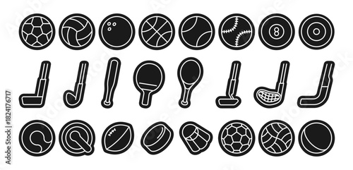 Sport balls and sticks icons set with various game symbols. Vector isolated tennis and basketball, soccer and golf pellets designs. App interface, infographic or fitness logo creation