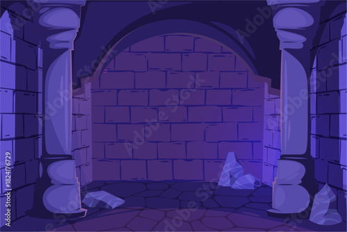 Eerie stone dungeon interior with scattered rocks and heavy block walls. Vector cartoon medieval indoors pace with columns. Moody background for games, animated fantasy worlds or storytelling