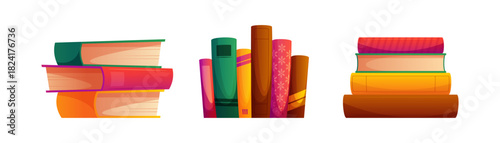 Textbooks and school publications for educating and studying. Vector isolated pile of notebooks, stacks of printed works. Obtaining knowledge and improving new skills, practicing for exam