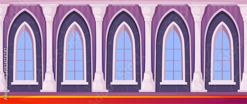 Cartoon castle corridor interior. Vector hall with arched windows and decorative columns. Indoor space with carpet. Fantasy projects and game design. Digital graphics of medieval architecture