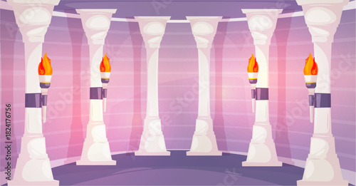Cartoon castle hall interior. Vector room with stone pillars, brick walls and torches glowing along corridor. Game background for side scrolling adventures and medieval themed animations