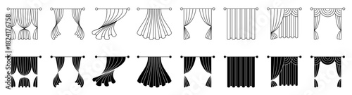 Line art icons of curtains on windows. Vector isolated open, closed and wind blown drapes silhouettes. Coverings and fabric in monochrome style. Interior home and office design elements