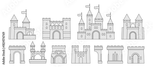 Castle icons set in monochrome line style. Vector collection of historical medieval architecture. Arched entrances and walls, bridges and adjacent buildings. Fortresses and turrets with flags