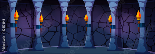 Stone hallway illuminated by glowing wall torches. Vector castle room interior with tall columns and arched architecture. Dungeon levels, fantasy adventure games and medieval cartoon environments