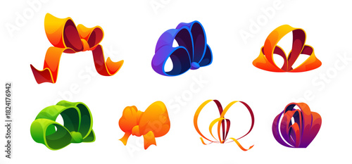 Cartoon set of decorative ribbon bows for gift boxes. Vector isolated collection of festive elements in wrapping style. Holiday packaging and celebration decor. Christmas, birthday or anniversary