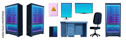 Data center items set. Vector isolated collection of large servers and computer monitors, system unit and desk, chair and box with lightning symbol. Technology, hardware and workspace equipment