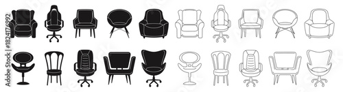 Chair silhouette and line icons. Vector isolated seats set. Wooden leg armchairs, metal frame office and soft stools. Interior furniture design diversity. Architecture and indoor space decor elements