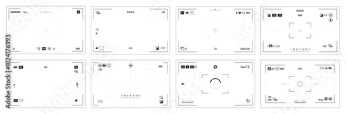 Camera screens mockups. Vector viewfinder arrangements. Center focus markers, grid overlays and framing boxes. Interface prototyping, photography UI demonstrations or digital simulation environments