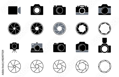 Camera and aperture symbols set. Vector cams and lens rings icons in different positions and styles. Solid, outline and simplified diaphragm shapes for photography apps. UI mockups and digital design