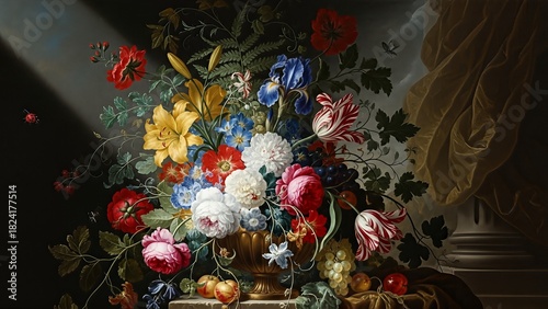 Classical Baroque still life painting of a lush and vibrant flower bouquet.