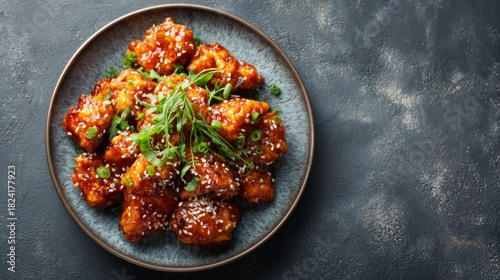 Deliciously Glazed Orange Chicken with Sesame Seeds and Green Onions on a Rustic Plate Presentation