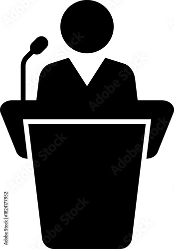 Speakers at podiums, public speaking and presentation icons silhouette. Conference icon. Seminar symbol. TV show hosts or judges. Vector, PNG or JPG