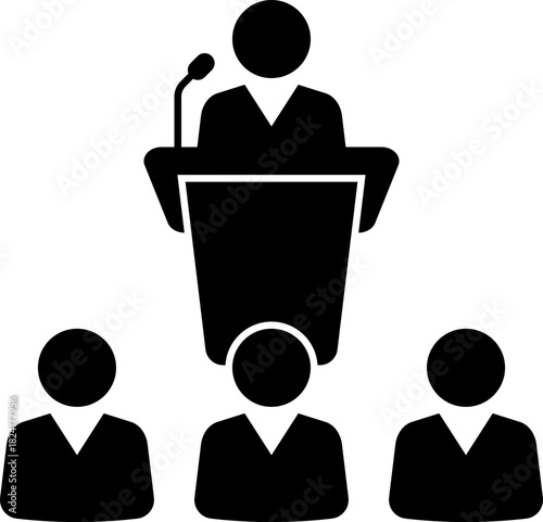 Speakers at podiums, public speaking and presentation icons silhouette. Conference icon. Seminar symbol. TV show hosts or judges. Vector, PNG or JPG