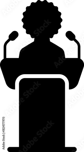 Speakers at podiums, public speaking and presentation icons silhouette. Conference icon. Seminar symbol. TV show hosts or judges. Vector, PNG or JPG