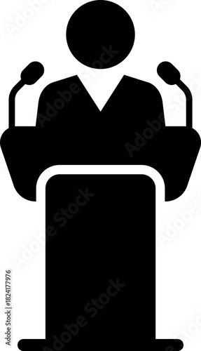 Speakers at podiums, public speaking and presentation icons silhouette. Conference icon. Seminar symbol. TV show hosts or judges. Vector, PNG or JPG