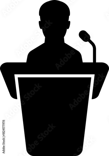 Speakers at podiums, public speaking and presentation icons silhouette. Conference icon. Seminar symbol. TV show hosts or judges. Vector, PNG or JPG