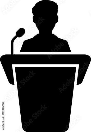 Speakers at podiums, public speaking and presentation icons silhouette. Conference icon. Seminar symbol. TV show hosts or judges. Vector, PNG or JPG