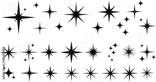 Black starburst icon grid, decorative burst shapes, abstract spark symbols, symmetrical sunburst graphics, radial design elements, visual accents