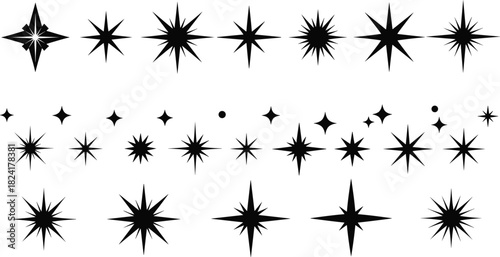 Black starburst icon set, decorative burst shapes, abstract spark symbols, symmetrical sunburst graphics, radial design elements, visual accents, minimal motifs