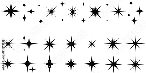 Black starburst icon set, decorative burst shapes, radial graphic elements, abstract spark symbols, design accents, symmetrical sunburst visuals