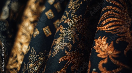 Close-up View of Rich Patterned Fabrics Featuring Intricate Floral and Geometric Designs Under Clean Lighting