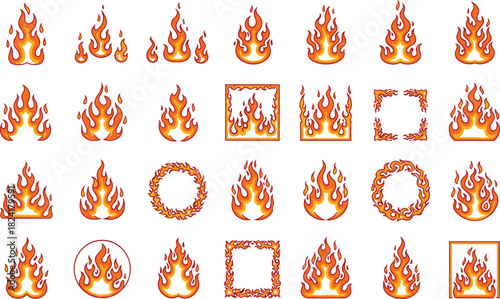 Stylized flame icon grid, fire symbols, heat graphics, burning shapes, red orange flames, game UI elements, digital fire assets