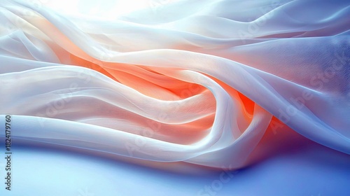 Abstract background of flowing sheer fabric with warm orange light illuminating soft folds and shadows, creating a gentle and elegant mood.