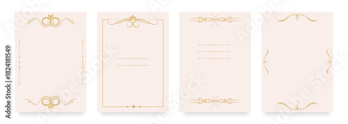 Elegan blank templates with gold decorative frames perfect for wedding invitations, greeting cards, menus, certificates, branding, packaging, event programs, flyers, announcements. Vector illustration