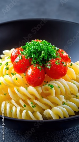 A close-up shot of a bowl of fusilli pasta, garnished with fresh cherry tomatoes and chopped parsley. The dish is presented in a dark bowl against a dark backgr