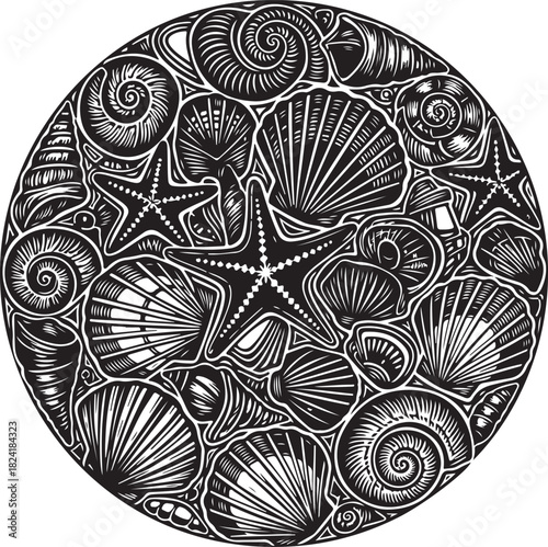 Black and white linocut art of seashells and starfish arranged in a circle