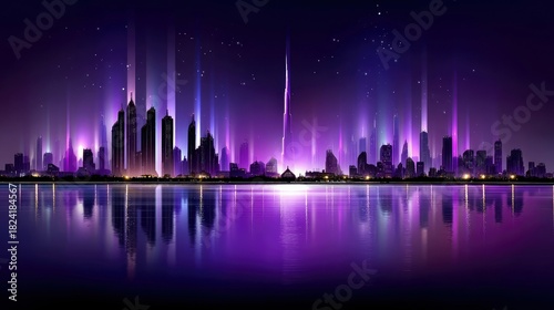 A vibrant, futuristic city skyline illuminated by glowing purple lights and a starry night sky, with its reflection shimmering on the calm water below.