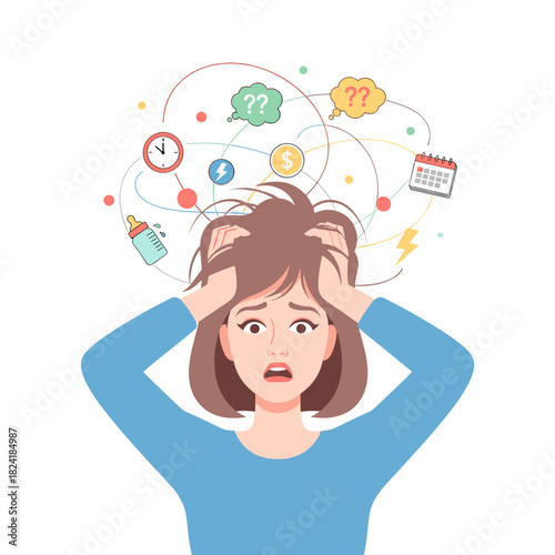 Overwhelmed white woman holding her head with stress symbols above  